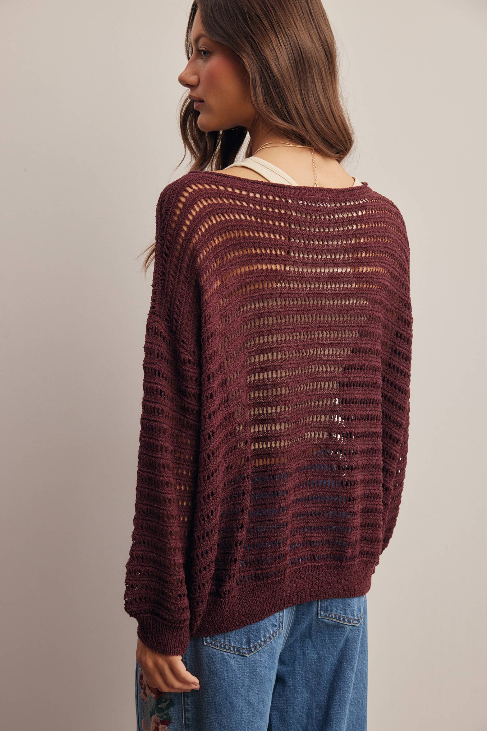 Open-Knit Stripe Sweater Top in Burgundy – 7