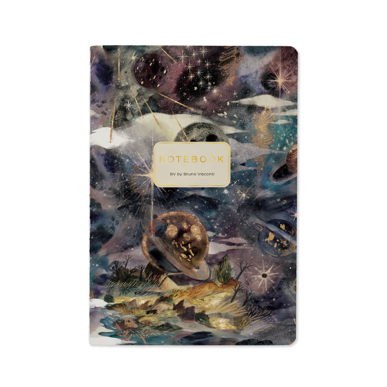A5 ruled notebook with a galaxy and starfield cover design, front cover