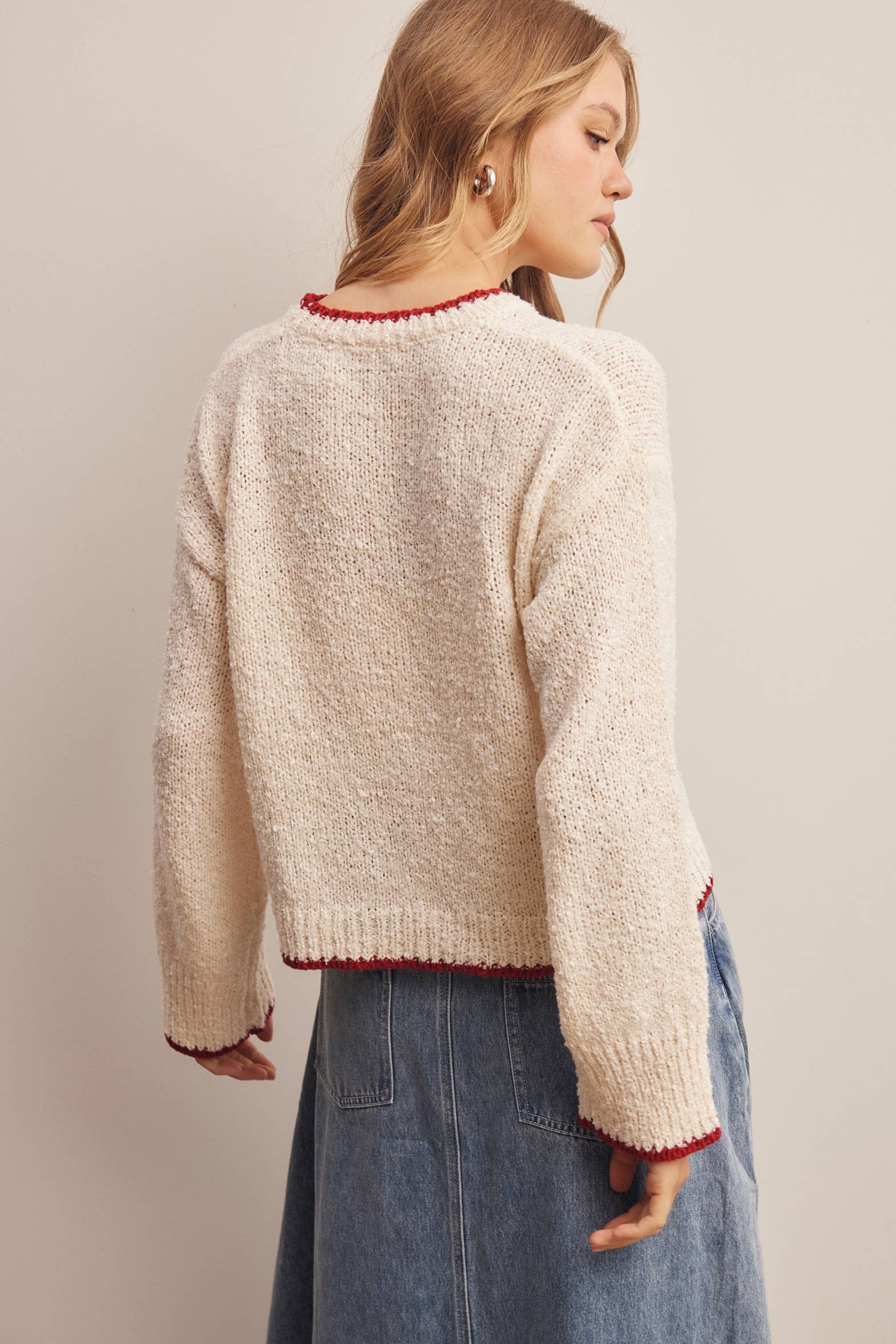 Contrast Trim Bouclé Sweater in Ivory – 8