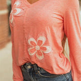 Fresh Salmon Floral Patchwork V Neck Long Sleeve Tee