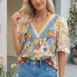 Crochet V Neck Half Sleeve Boho Floral Blouse