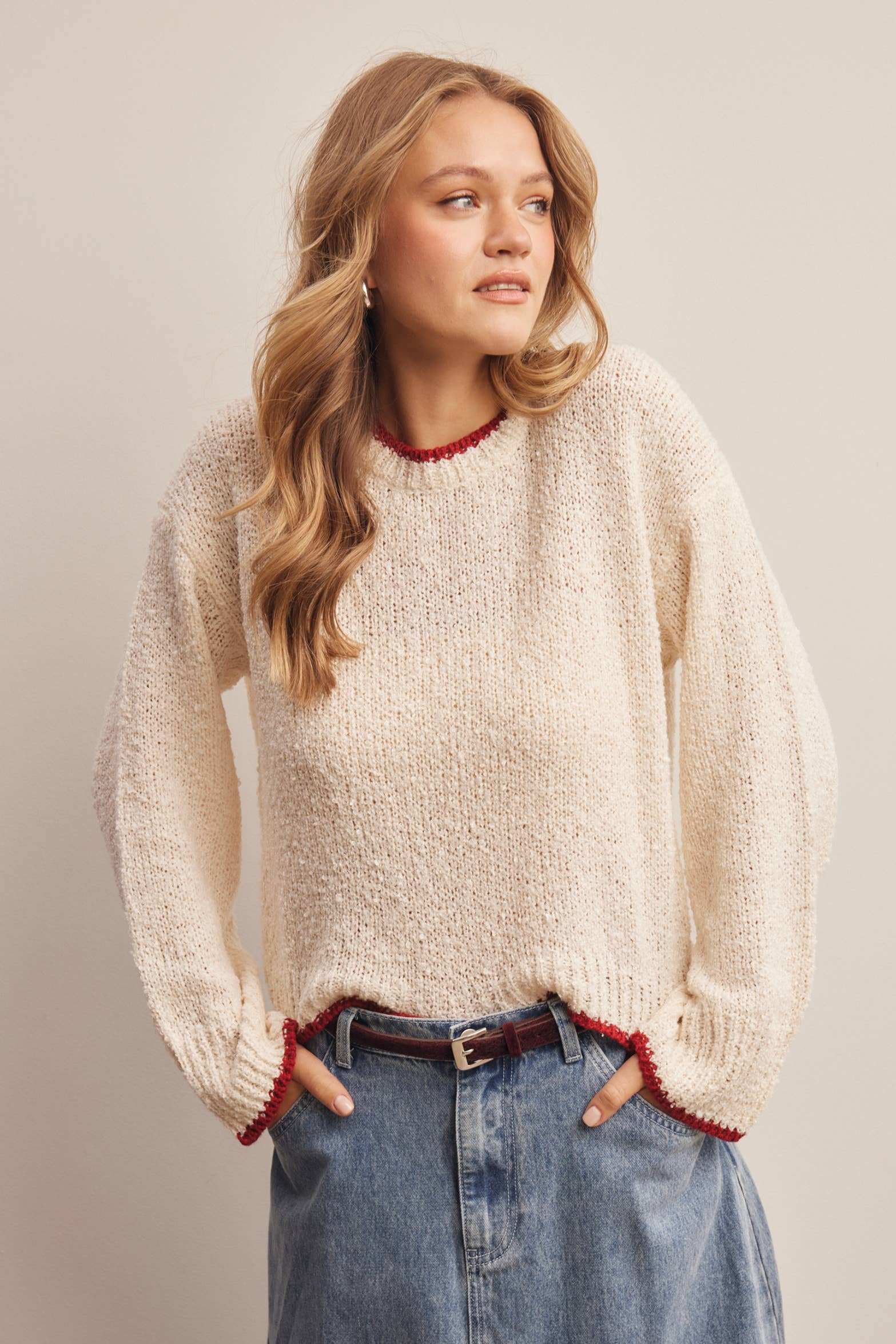 Contrast Trim Bouclé Sweater in Ivory – 2