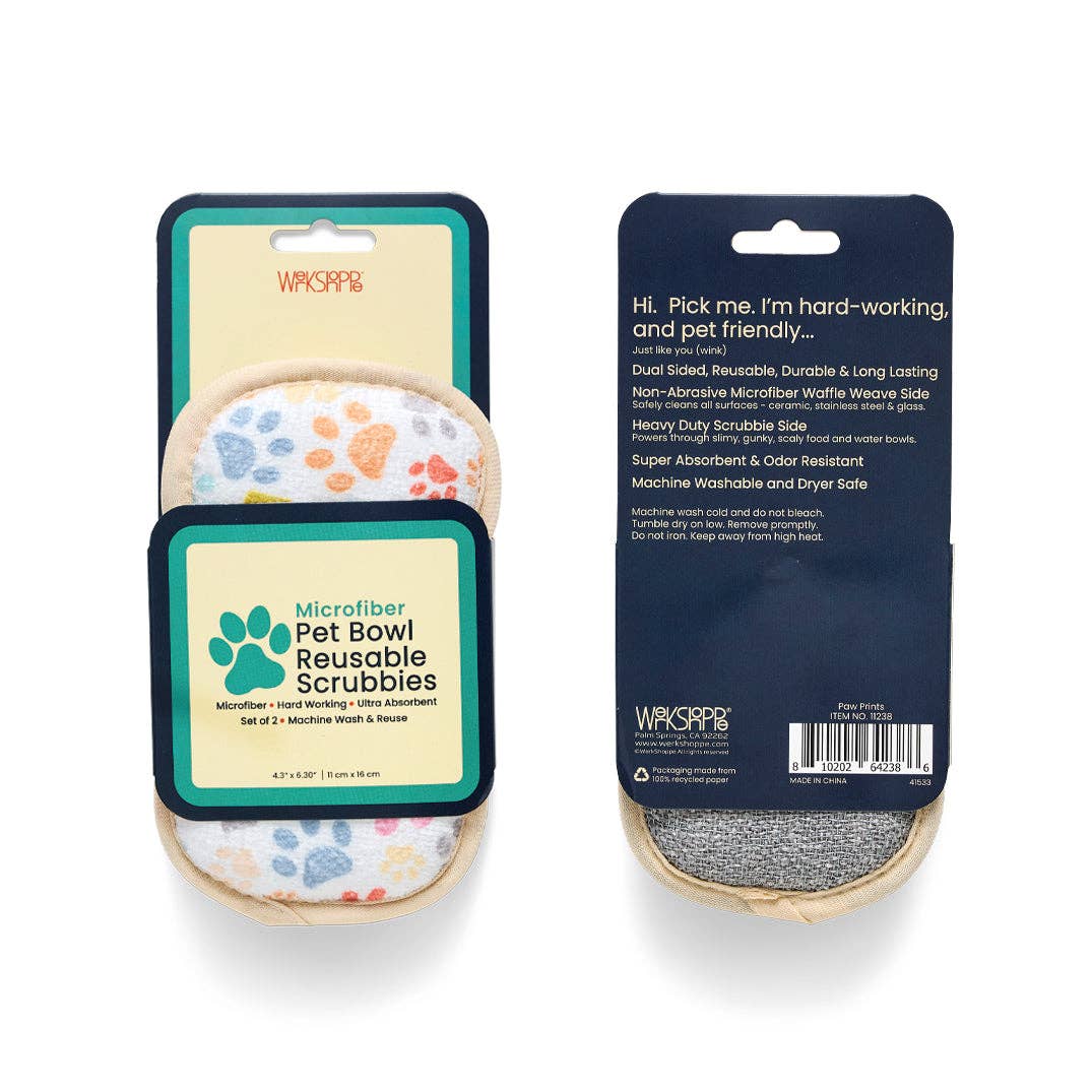 Paw print dual-sided microfiber pet bowl scrubbies, view 2