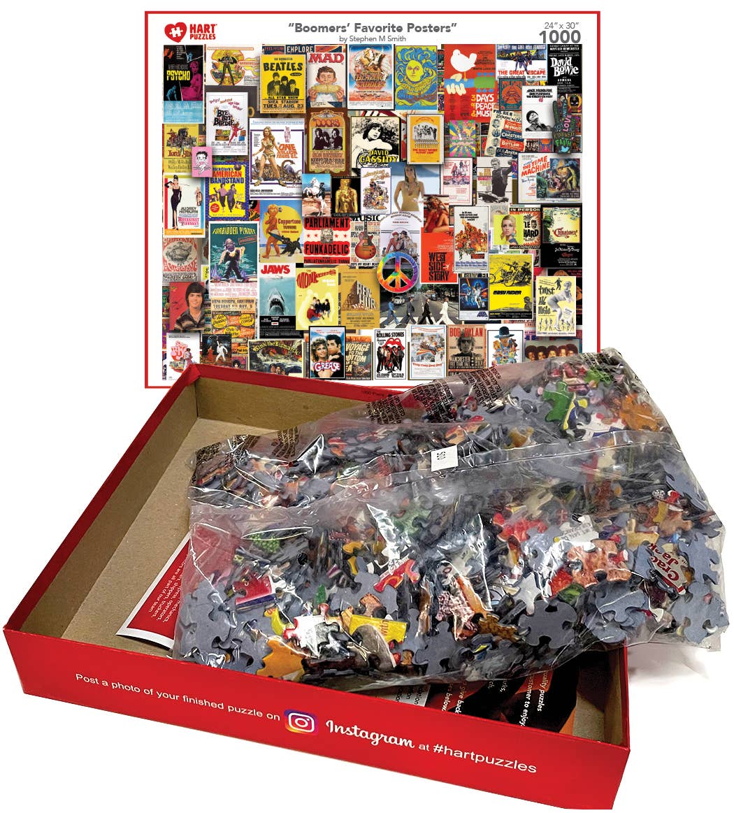 Boomers' Favorite Posters puzzle box opened with bagged pieces and the finished image on the lid