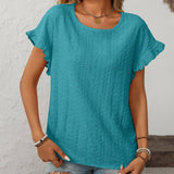 Dark Blue Solid Color Crewneck Sweet Short-Sleeve Hollow-Out Top
