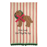 Red and white striped towel with a felt dog appliqué in a wreath, Dear Santa, don't forget the dog