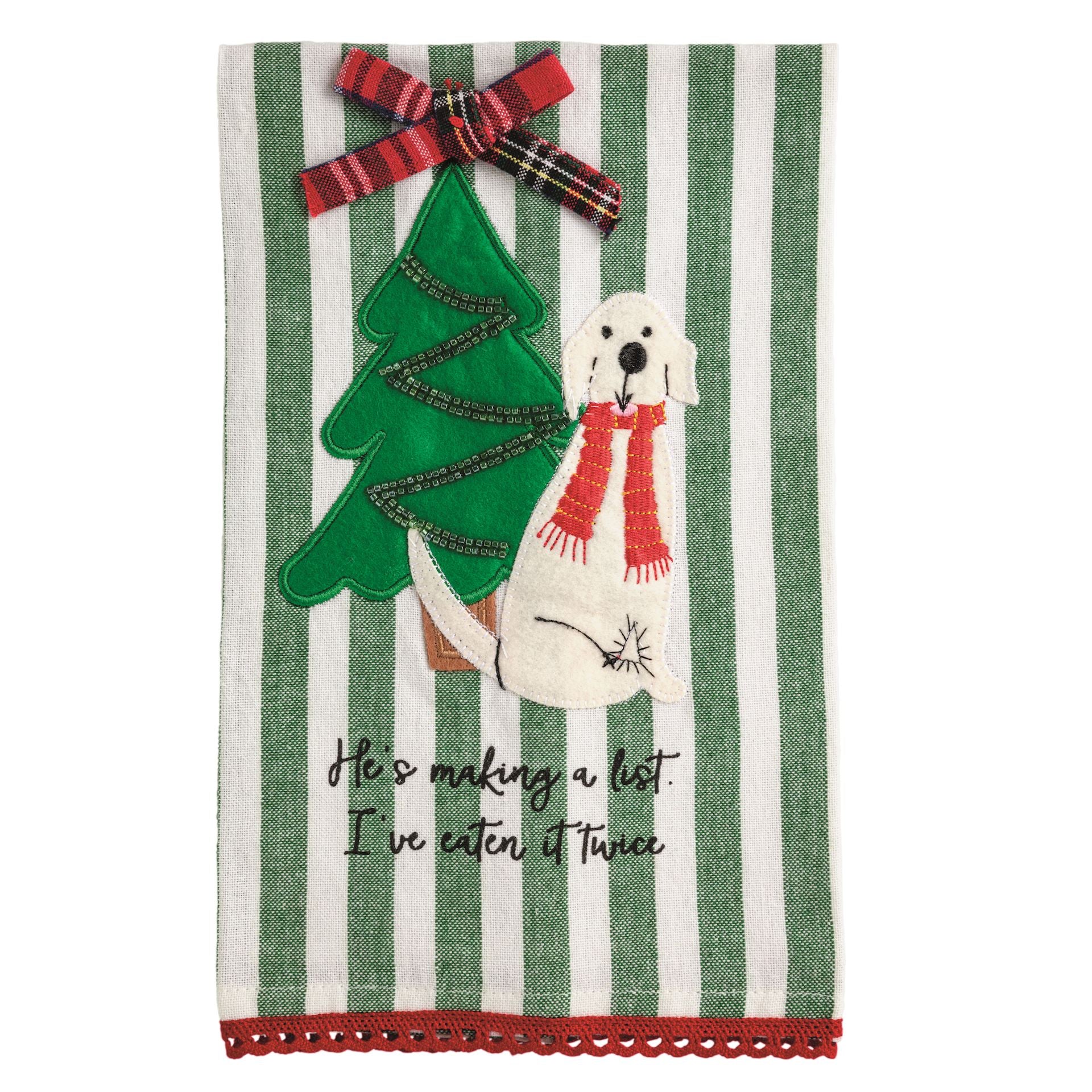 Green and white striped towel with a felt tree and dog appliqué, He's making a list, I've eaten it twice