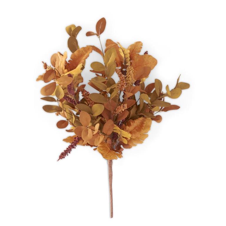 Faux fall leaf bush in rust, gold and olive with burgundy seed sprays