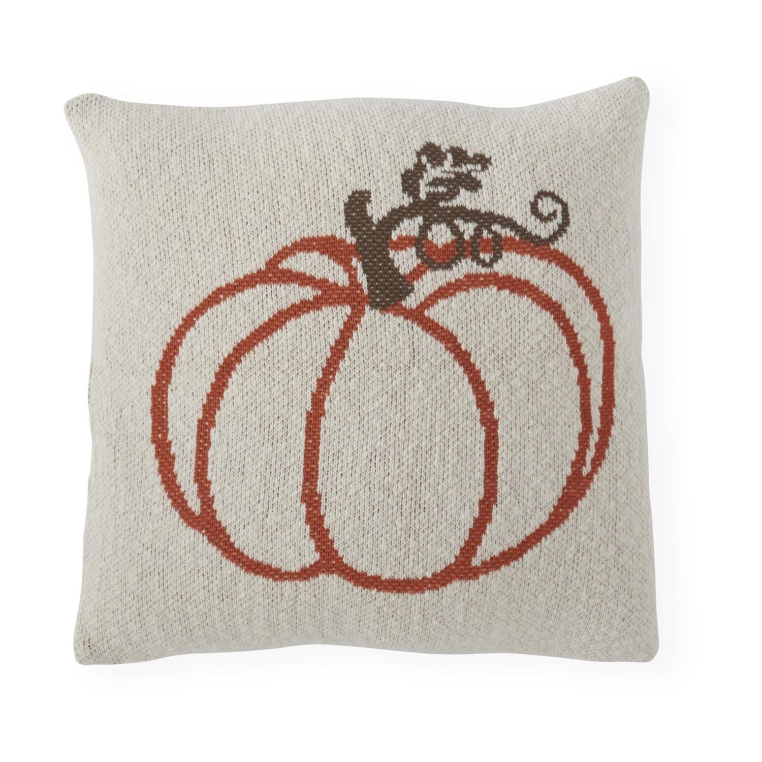 Cream cotton knit pillow with a rust orange pumpkin and brown vine woven into the knit