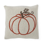 Cream cotton knit pillow with a rust orange pumpkin and brown vine woven into the knit