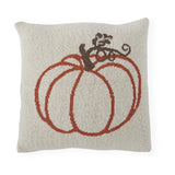Cream cotton knit pillow with a rust orange pumpkin and brown vine woven into the knit