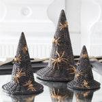 Black woven witch hats with gold spiders, alternate view