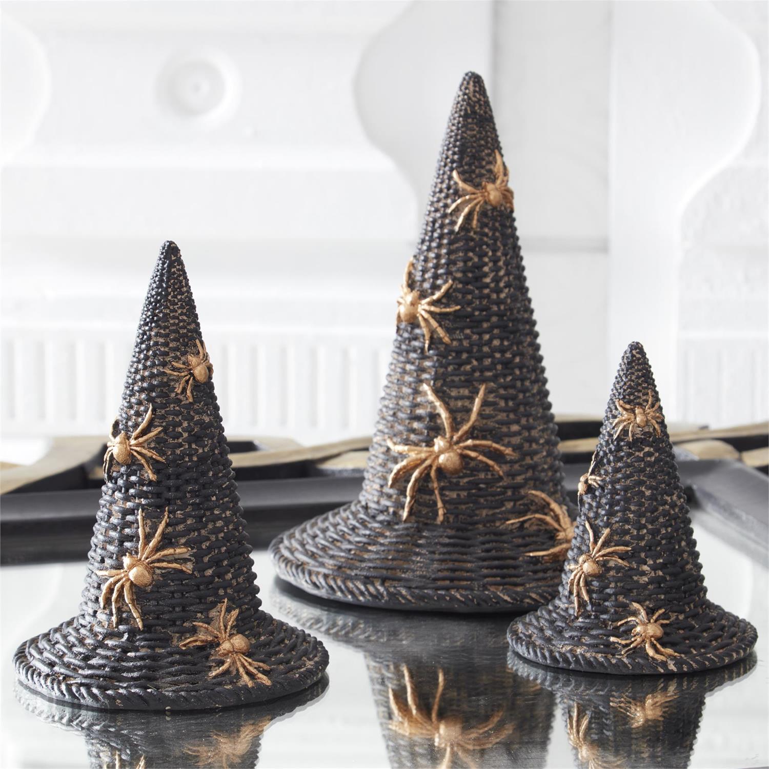Black woven witch hats with gold spiders, alternate view