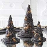 Black woven witch hats with gold spiders, alternate view