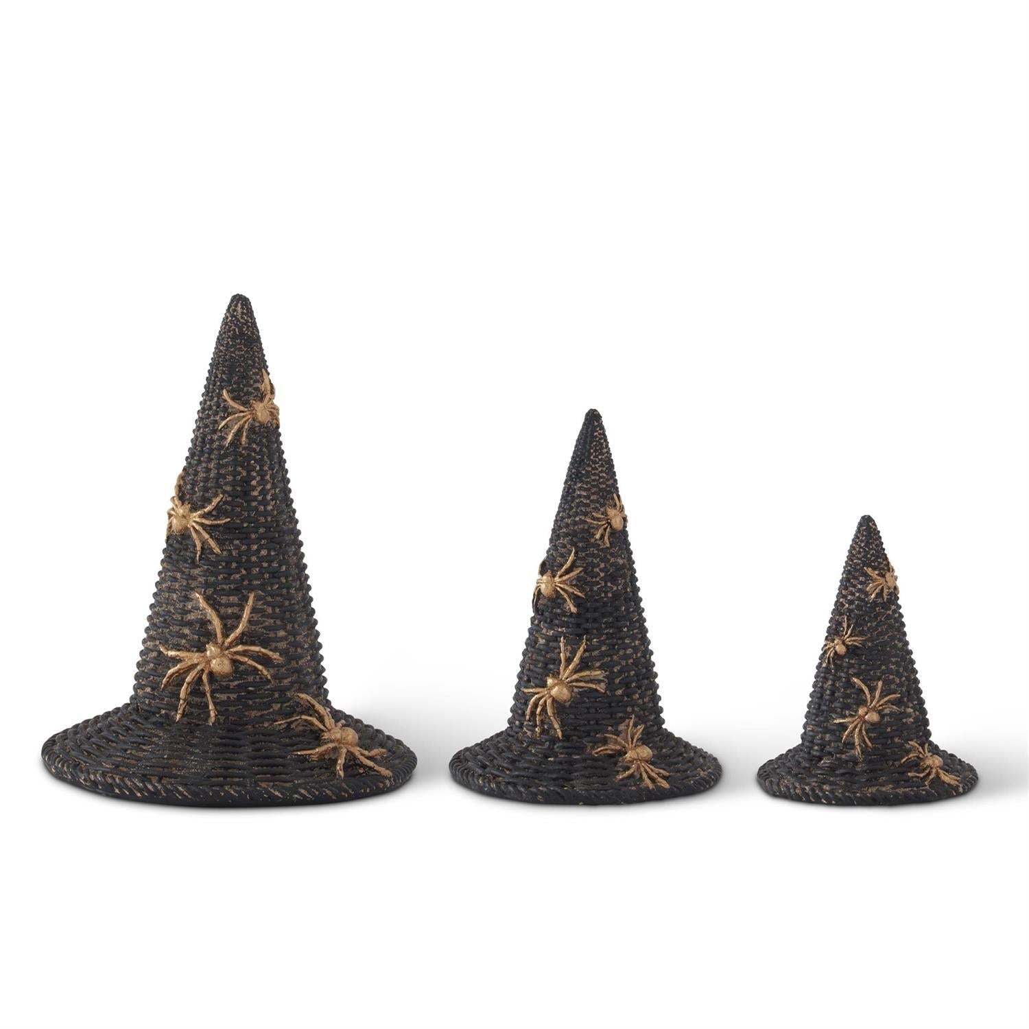 Black resin woven witch hat with gold spider detail