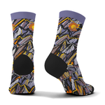 Topo sunset unisex crew socks, close-up of the knit graphic