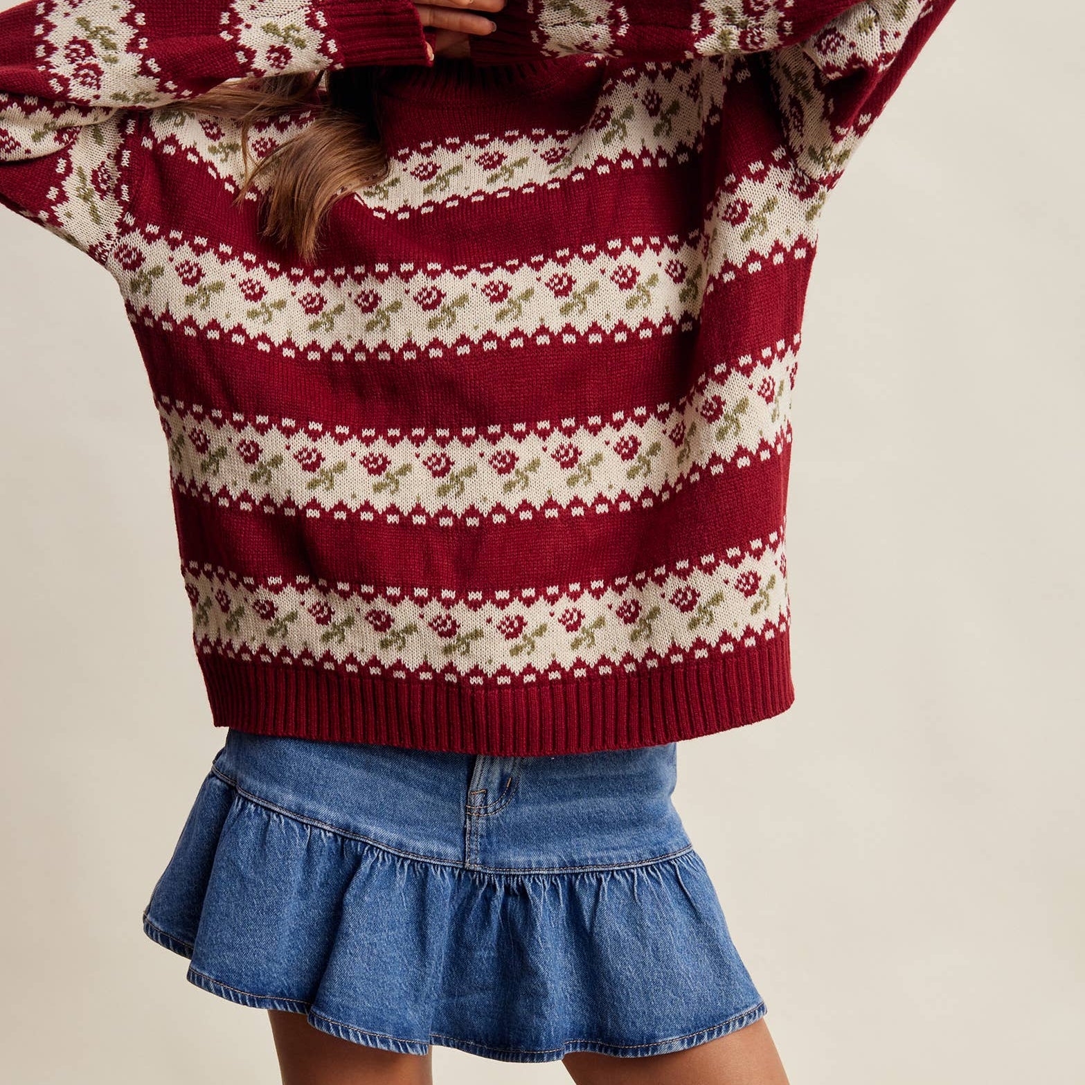 Floral Fair Isle Knit Sweater in Ruby – 2