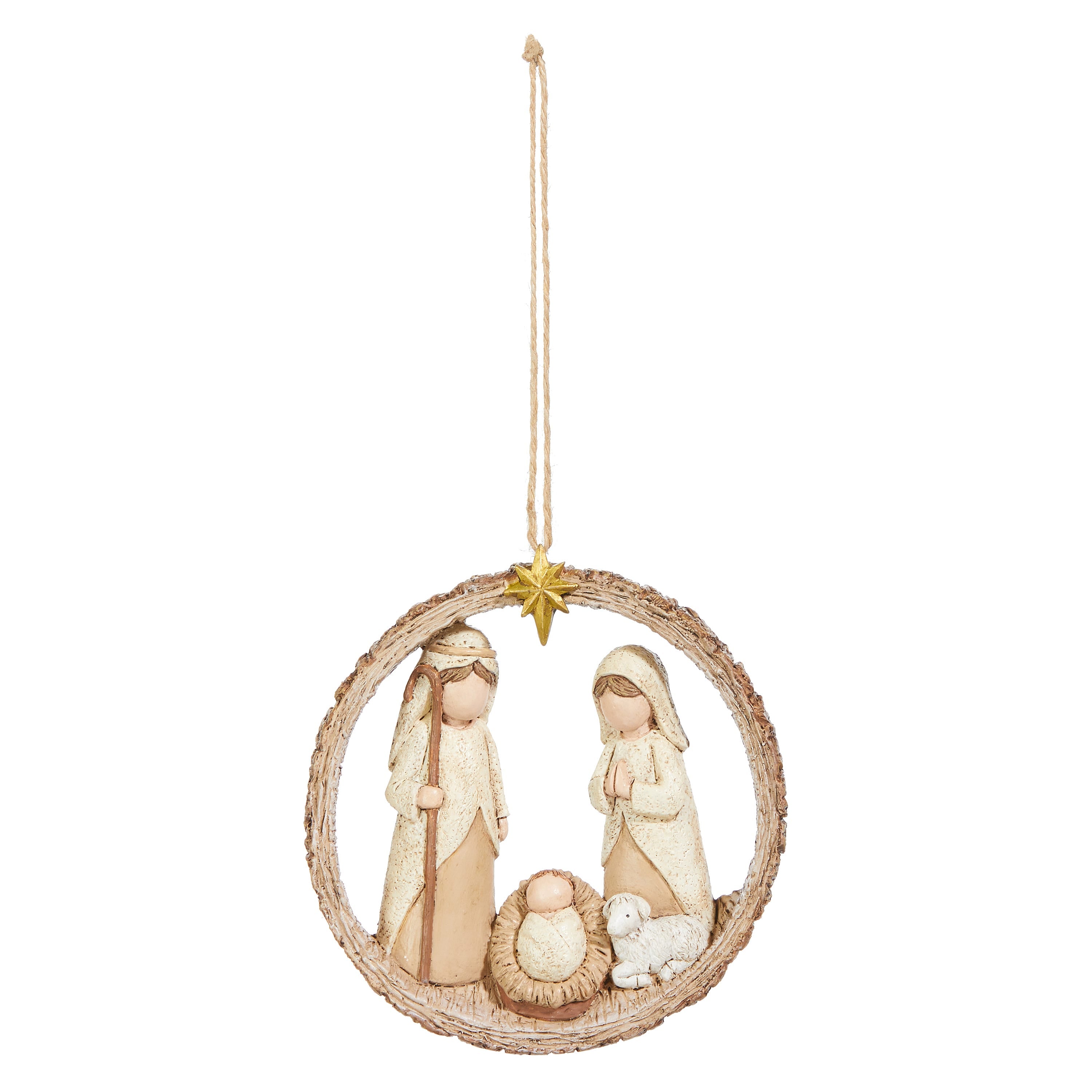 Round natural-tone ring ornament framing a carved Holy Family scene, hung from twine