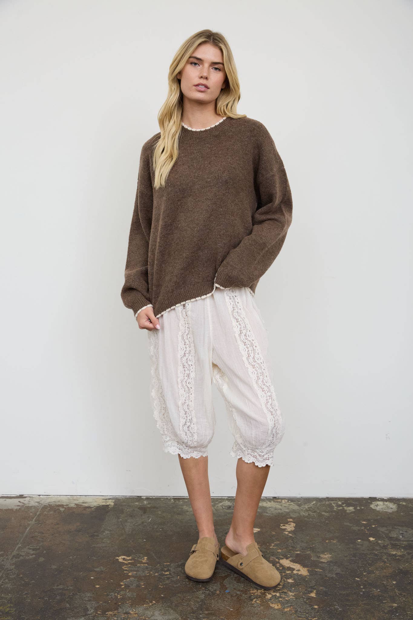 Mocha crew neck pullover sweater, full length