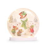 Round glowing glass disc painted with a snowman and mice in a snowy scene, set on a white stand