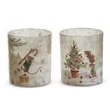 Two small frosted glass containers painted with mice, candy canes, and a decorated tree