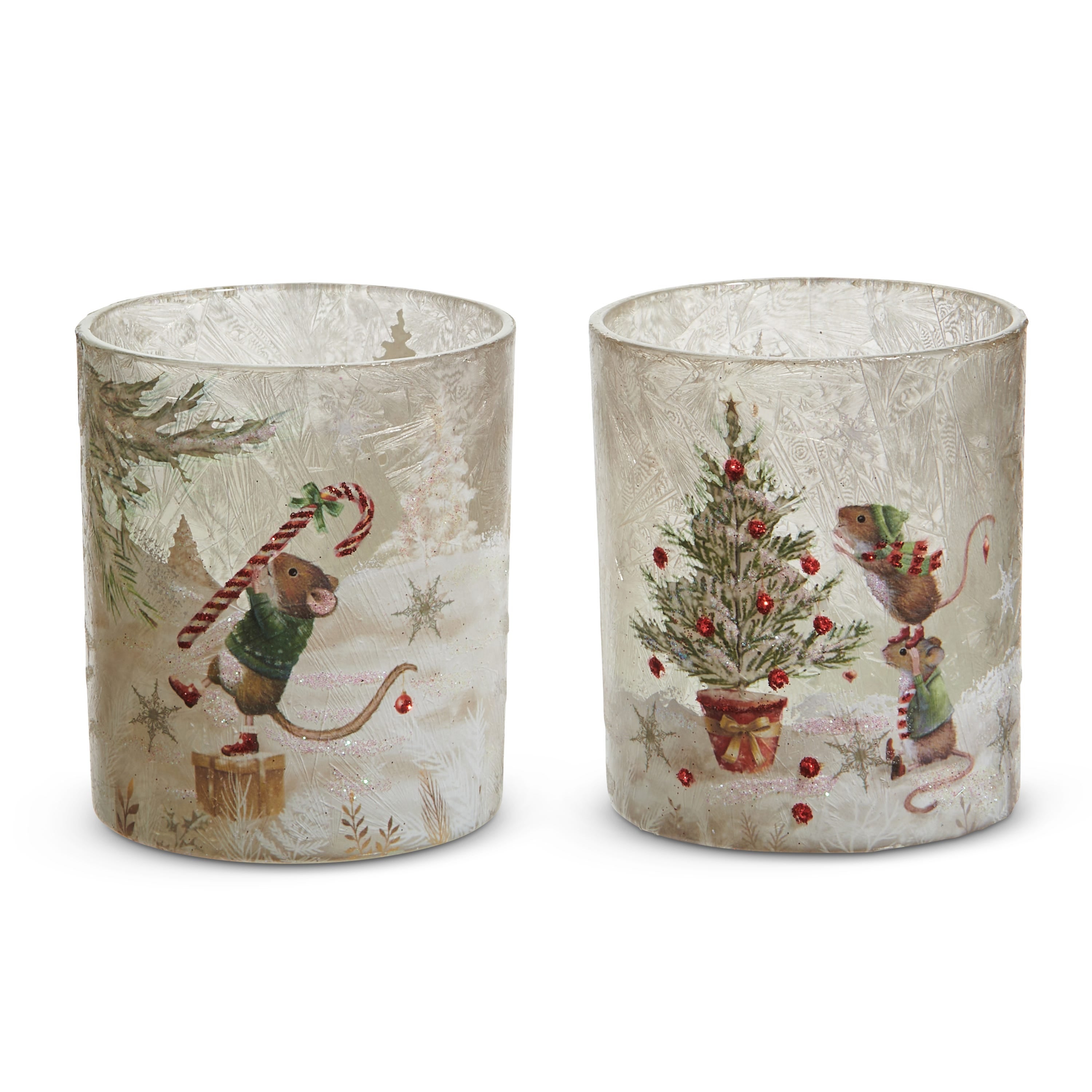 Two small frosted glass containers painted with mice, candy canes, and a decorated tree