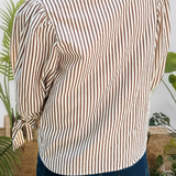 Striped Frill V Neck Knot Bracelet Sleeve Mock Neck Blouse