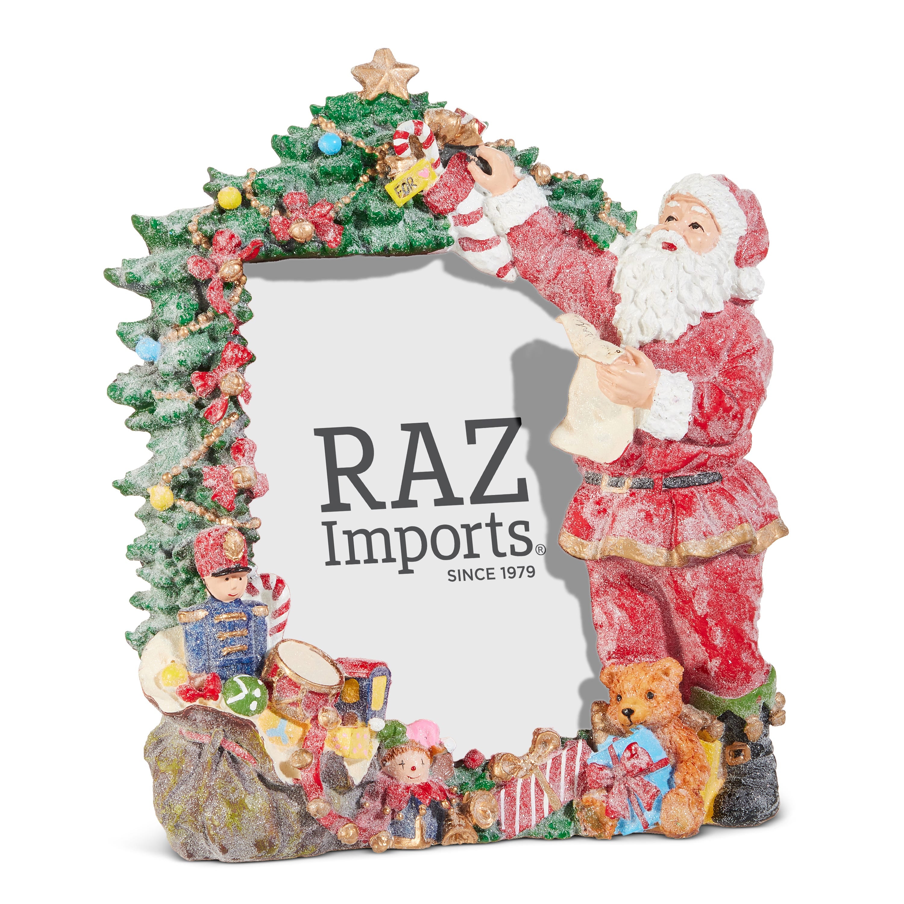 Resin picture frame wrapped in greenery, ornaments, and gifts, with Santa standing at one side