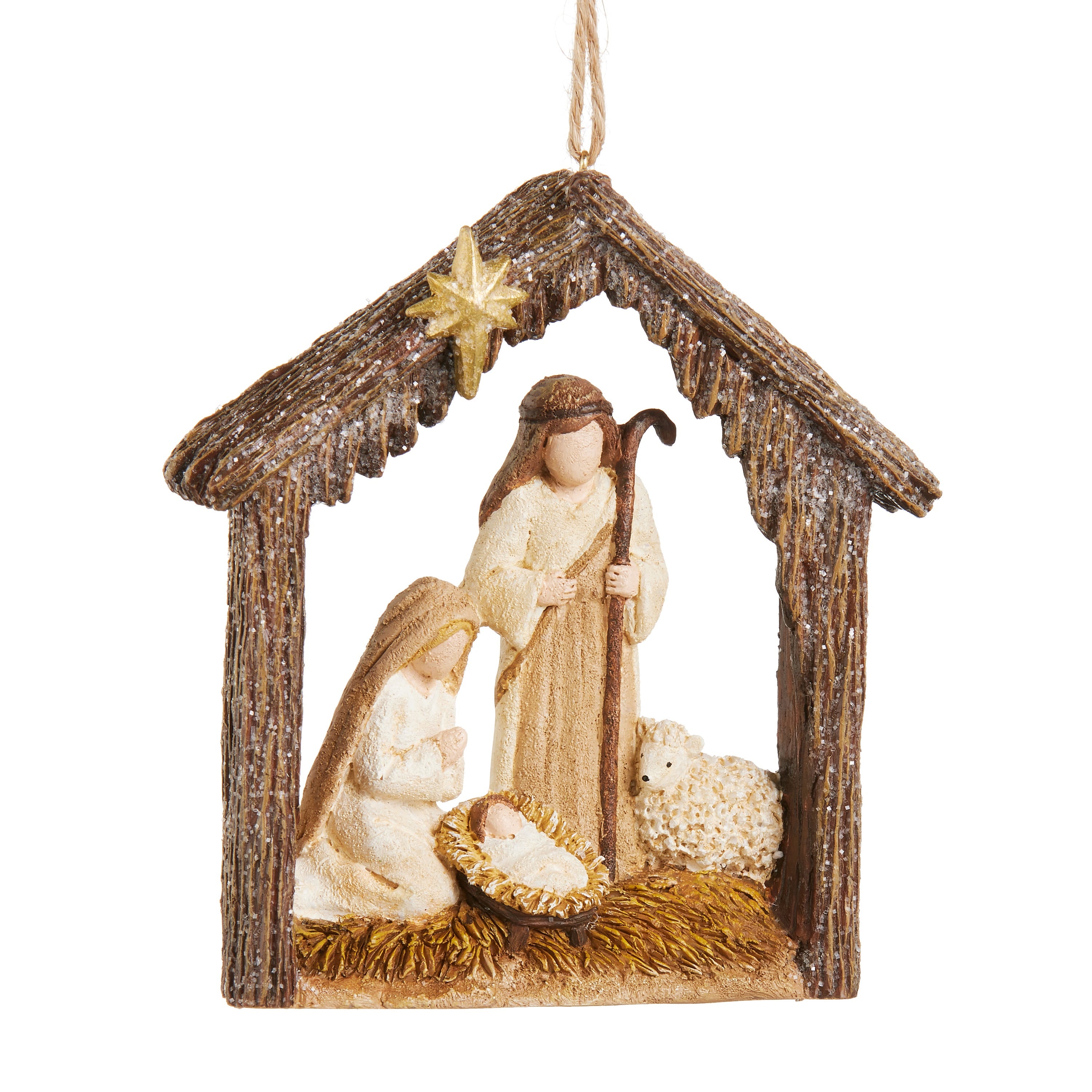Holy Family ornament set in a rustic wood-look stable with a gold star at the peak