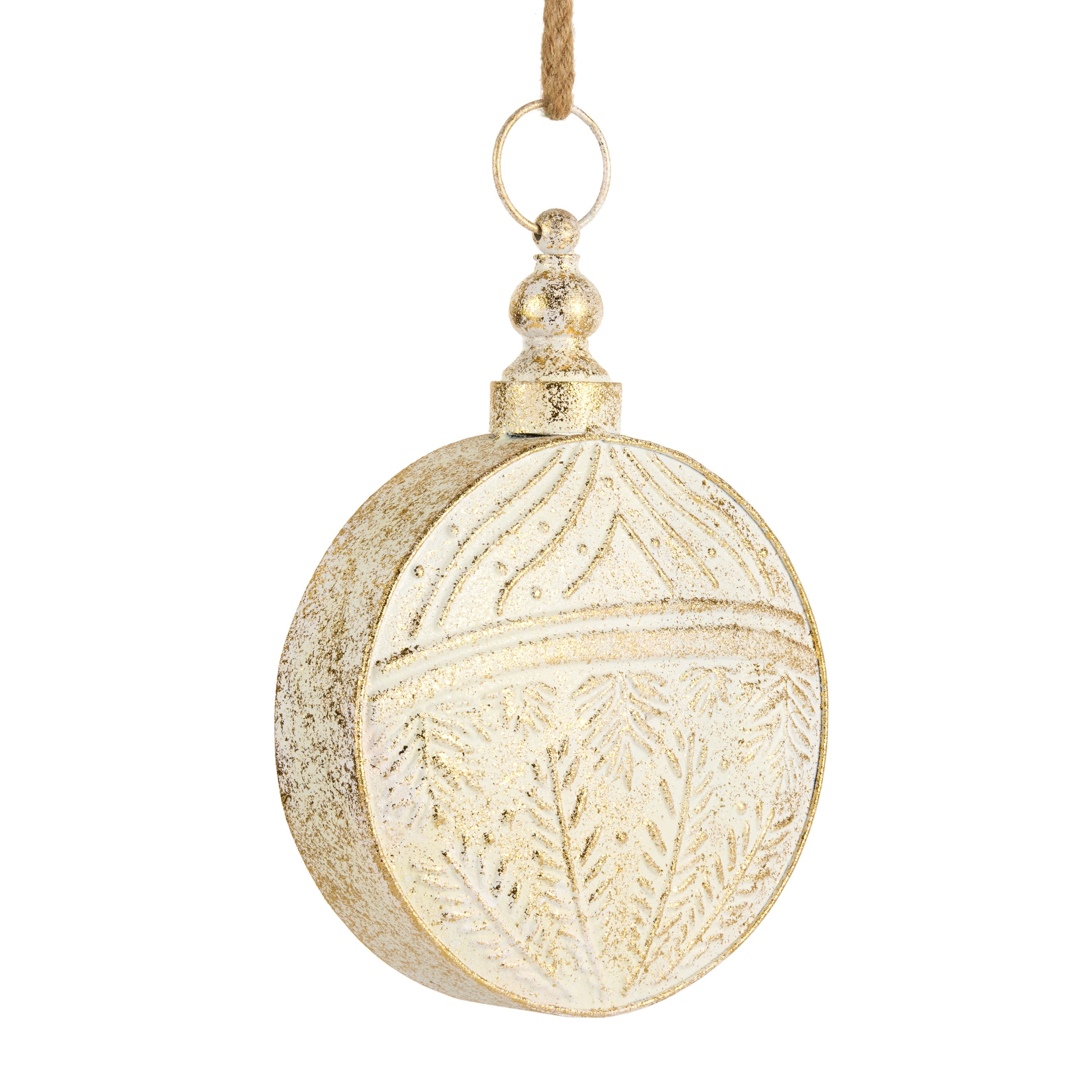 Round ivory bell with an embossed gold-brushed pattern hanging from a jute loop