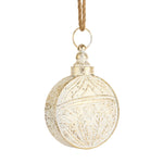 Small round ivory bell brushed with gold, with a pressed pattern and jute hanger