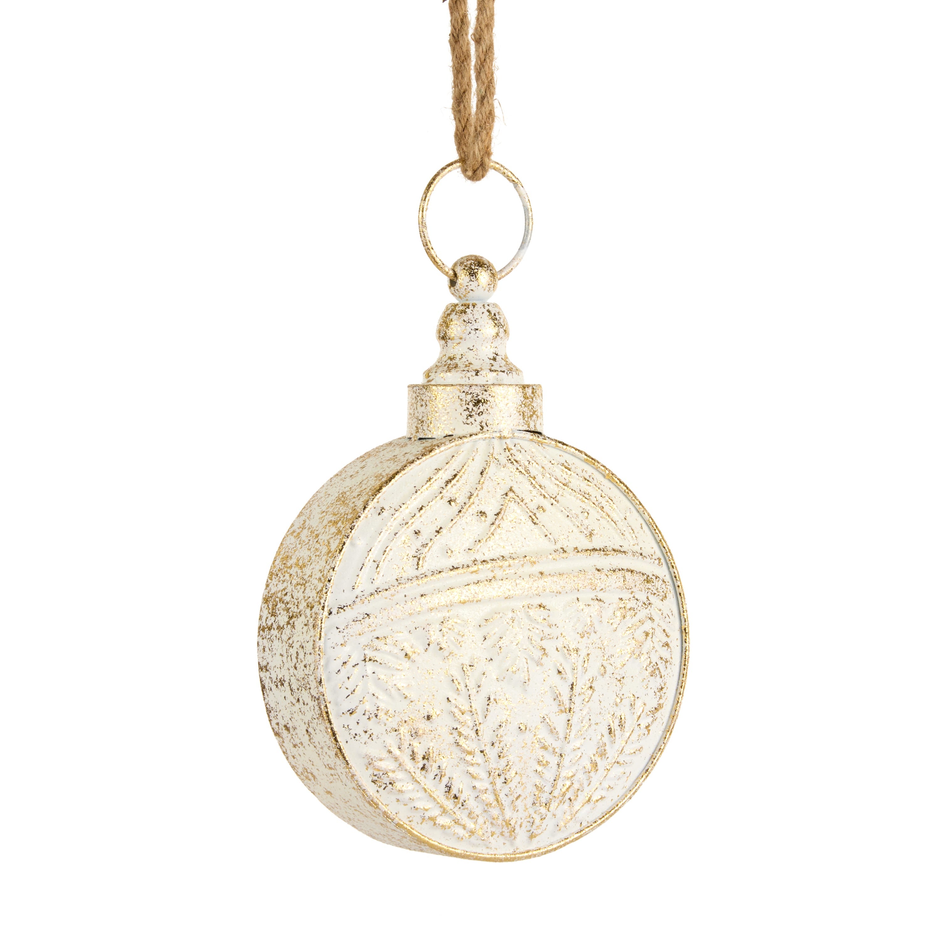 Small round ivory bell brushed with gold, with a pressed pattern and jute hanger