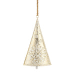Tall cone-shaped ivory bell with a gold-brushed snowflake design on a jute hanger