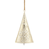 Tall cone-shaped ivory bell with a gold-brushed snowflake design on a jute hanger