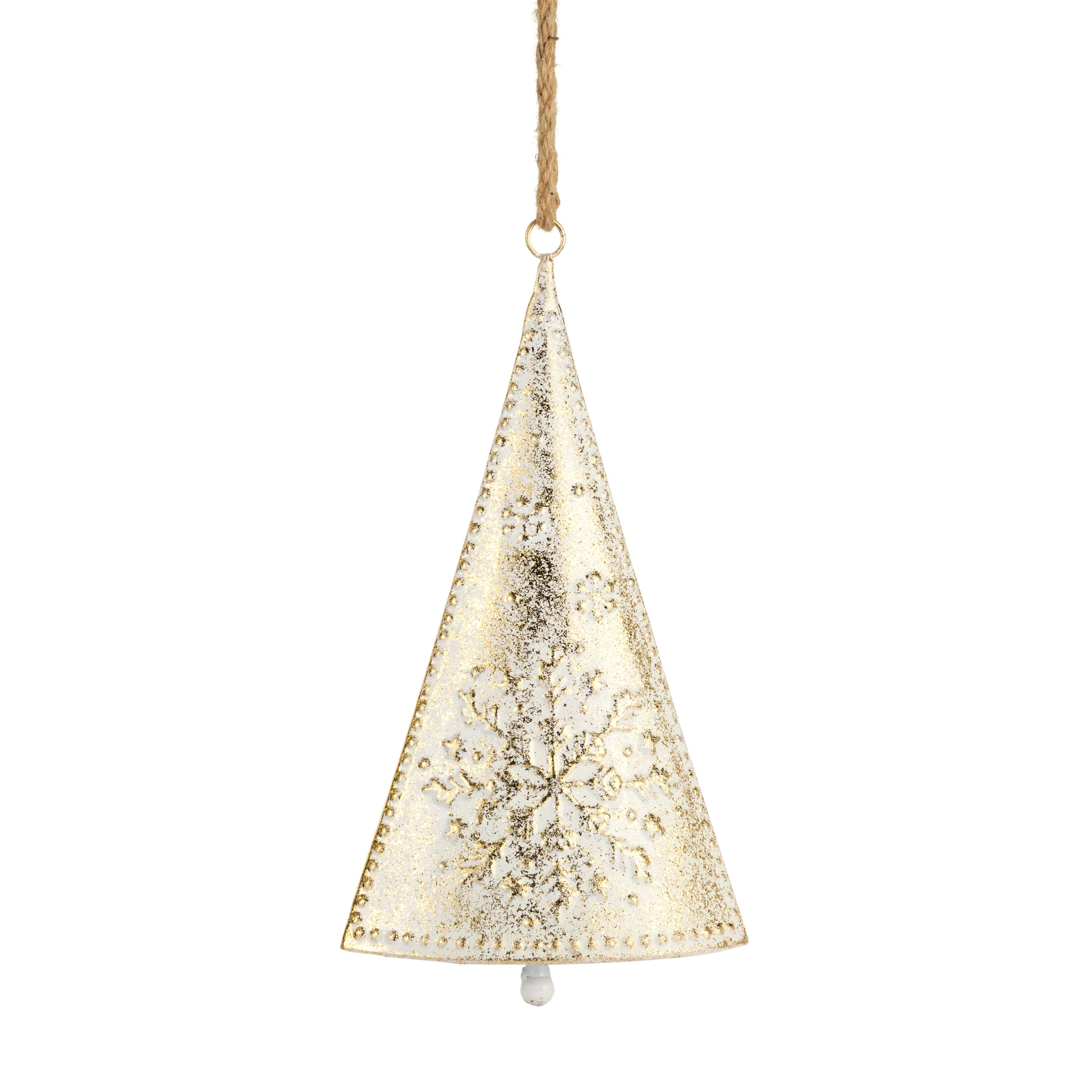 Tall cone-shaped ivory bell with a gold-brushed snowflake design on a jute hanger
