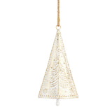 Cone-shaped ivory bell with a gold-brushed tree pattern hanging from a jute loop