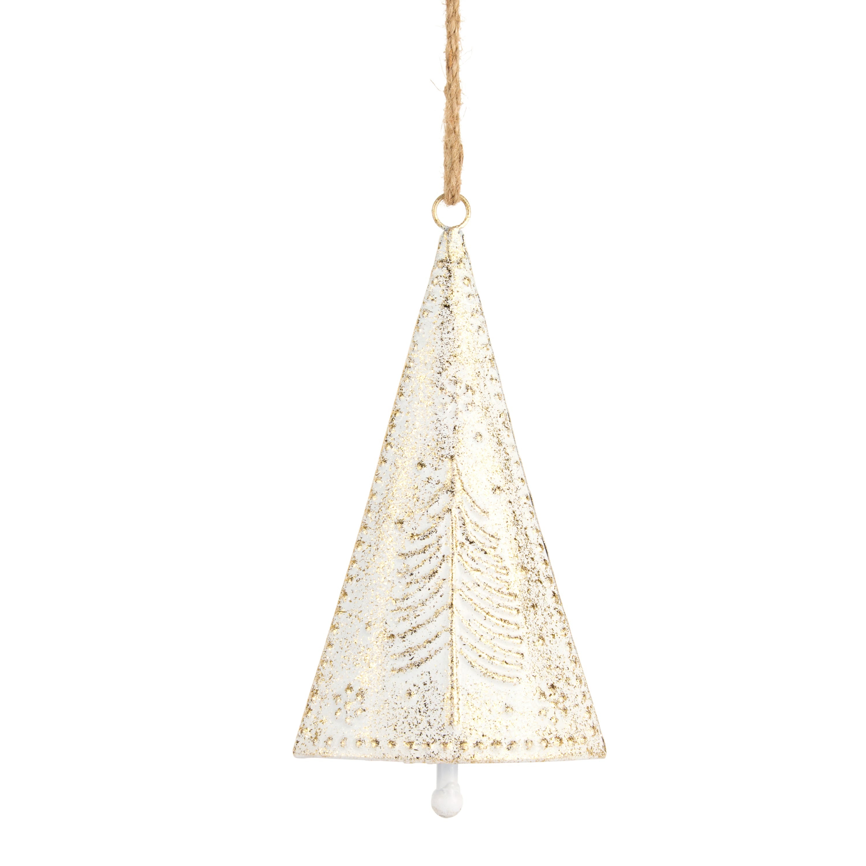 Cone-shaped ivory bell with a gold-brushed tree pattern hanging from a jute loop