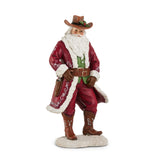 Santa dressed as a cowboy in a red coat, brown hat, and boots on a snowy base
