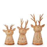 Three light brown carved-look deer busts with antlers and etched folk patterns
