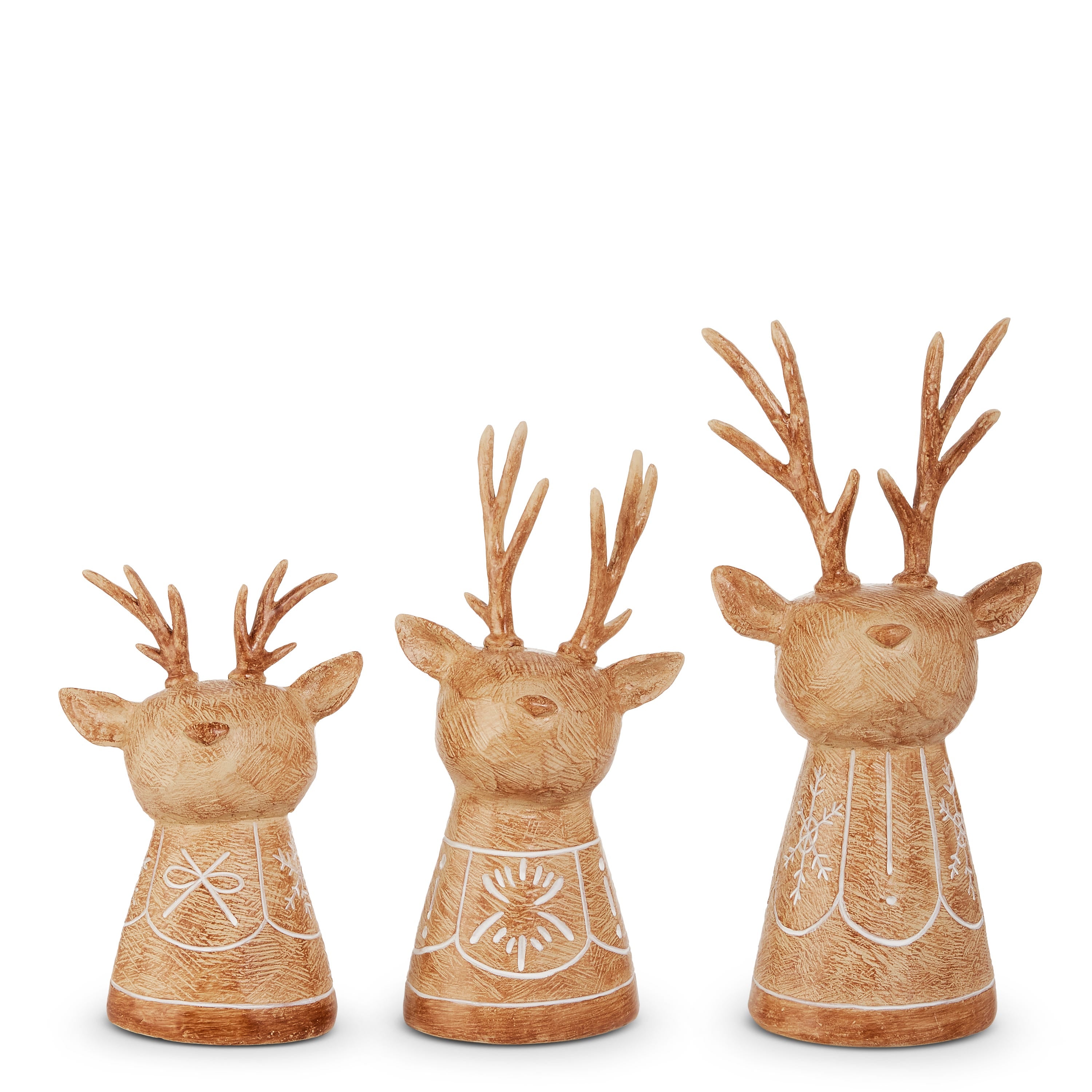 Three light brown carved-look deer busts with antlers and etched folk patterns