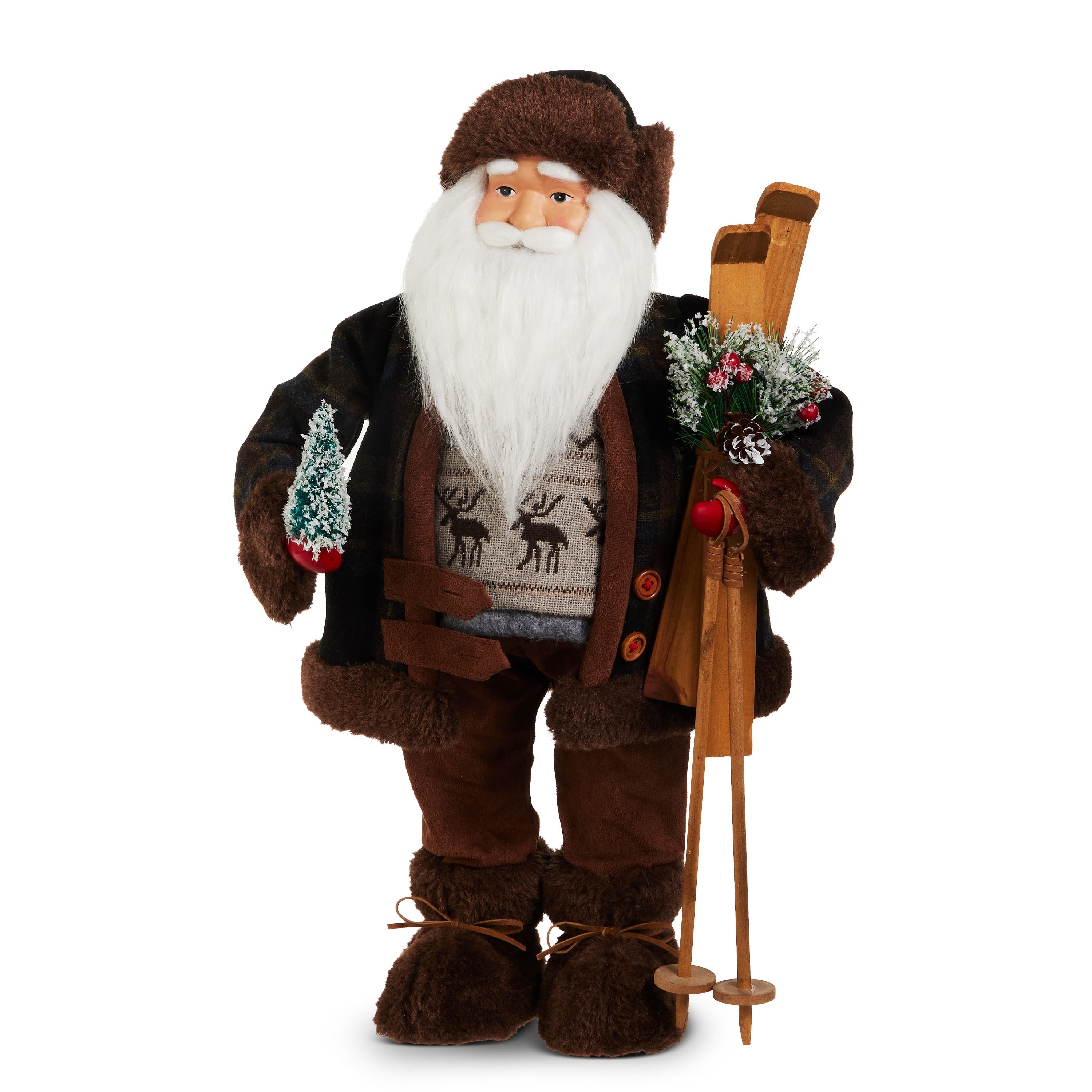 Santa in a brown coat and patterned knit sweater holding wooden skis and poles, white beard