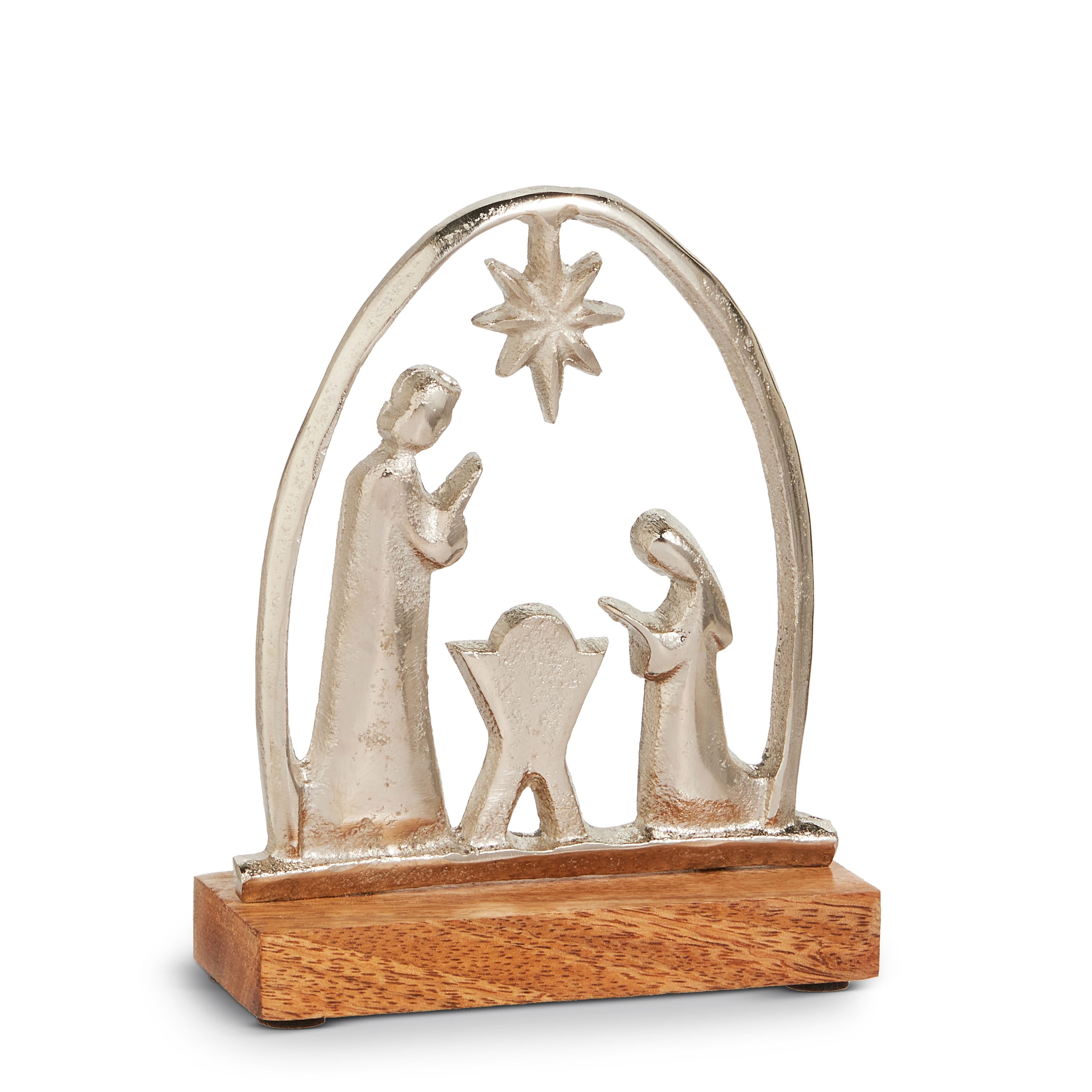 Silver metal arch with Holy Family silhouettes and a star, set on a wood base