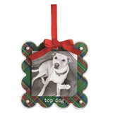 Scalloped tartan photo frame ornament with a red bow and top dog lettering, holding a dog photo