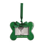 Green bone-shaped photo frame ornament with a green bow and BEST DOG EVER lettering
