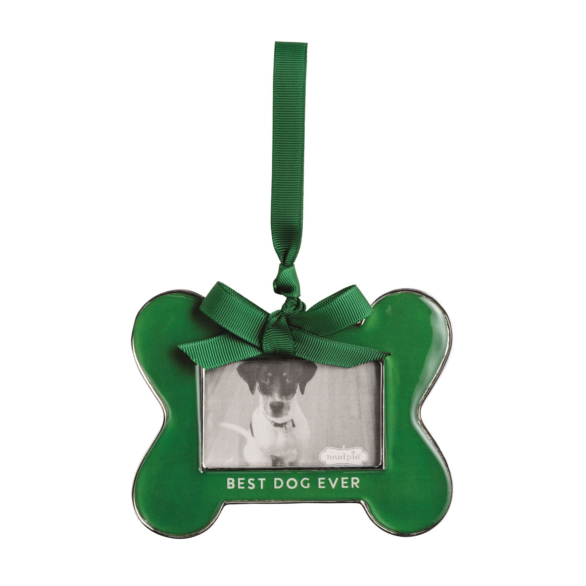 Green bone-shaped photo frame ornament with a green bow and BEST DOG EVER lettering