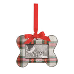 Plaid bone-shaped photo frame ornament with a red bow and HAPPY PAWLIDAYS lettering