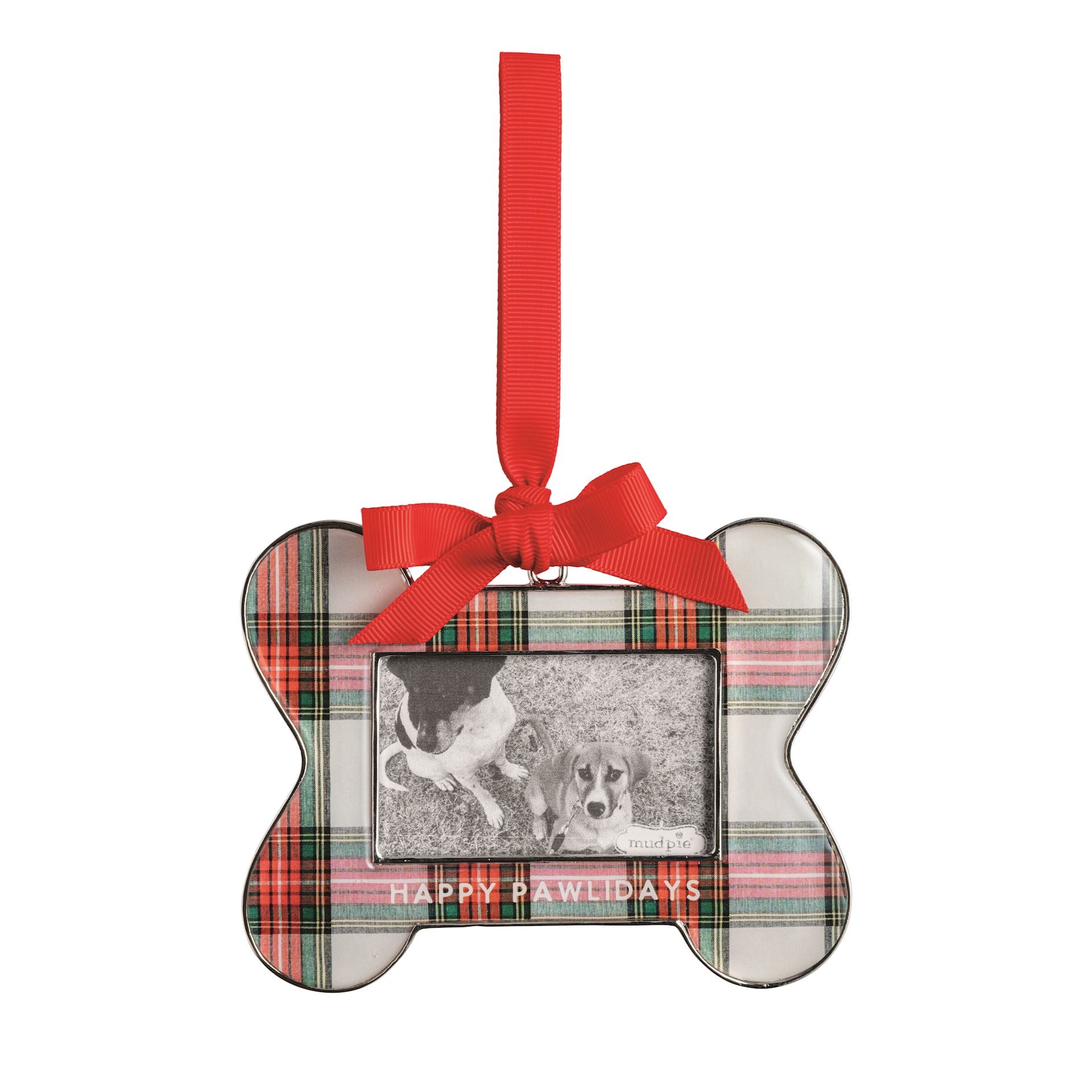 Plaid bone-shaped photo frame ornament with a red bow and HAPPY PAWLIDAYS lettering