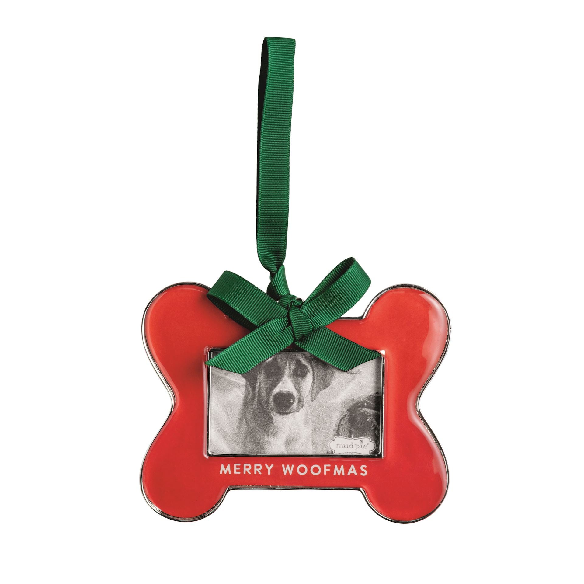 Red bone-shaped photo frame ornament with a green bow and MERRY WOOFMAS lettering
