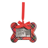 Red tartan bone-shaped photo frame ornament with a red bow and SANTA'S FAVORITE lettering