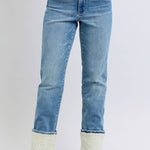 Judy Blue shearling cuff high waist straight jeans in medium wash